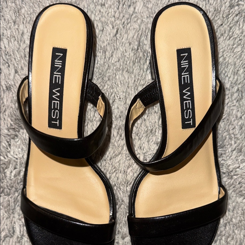 NWT Nine West Black Double-Strap Slide Mules 2” heel black leather 6M feminine - Picture 2 of 9